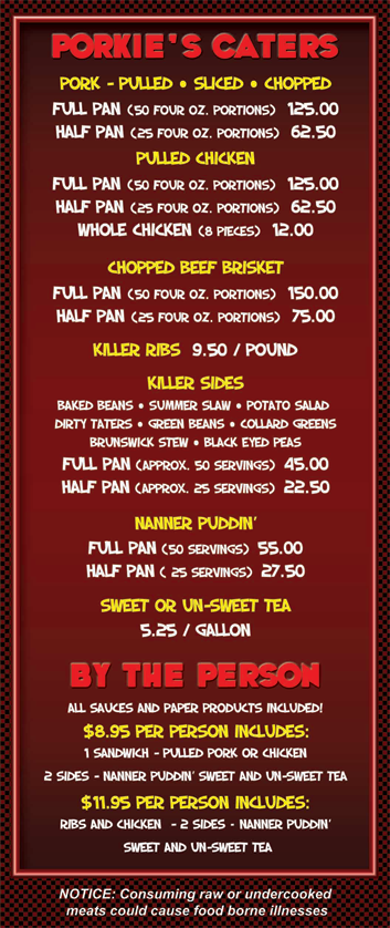 Porkies BBQ Menu